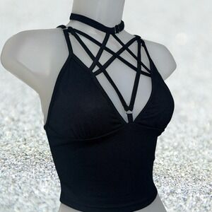 New Large Black Pentagram Strappy V-Neck Crop Top‎ Sleeveless Blouse Y2k Goth